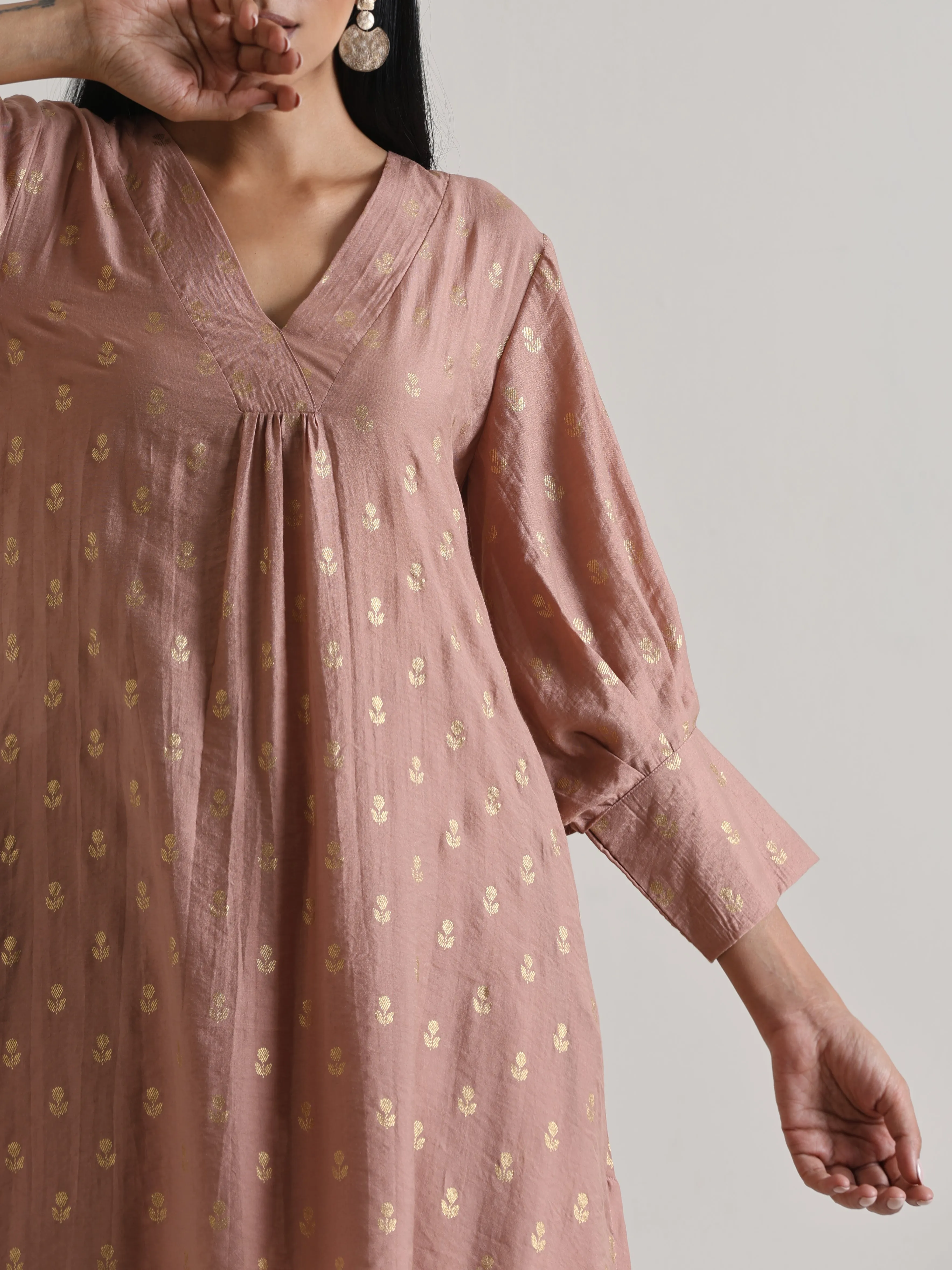 Beige Foil Puff Sleeve Kurta Set