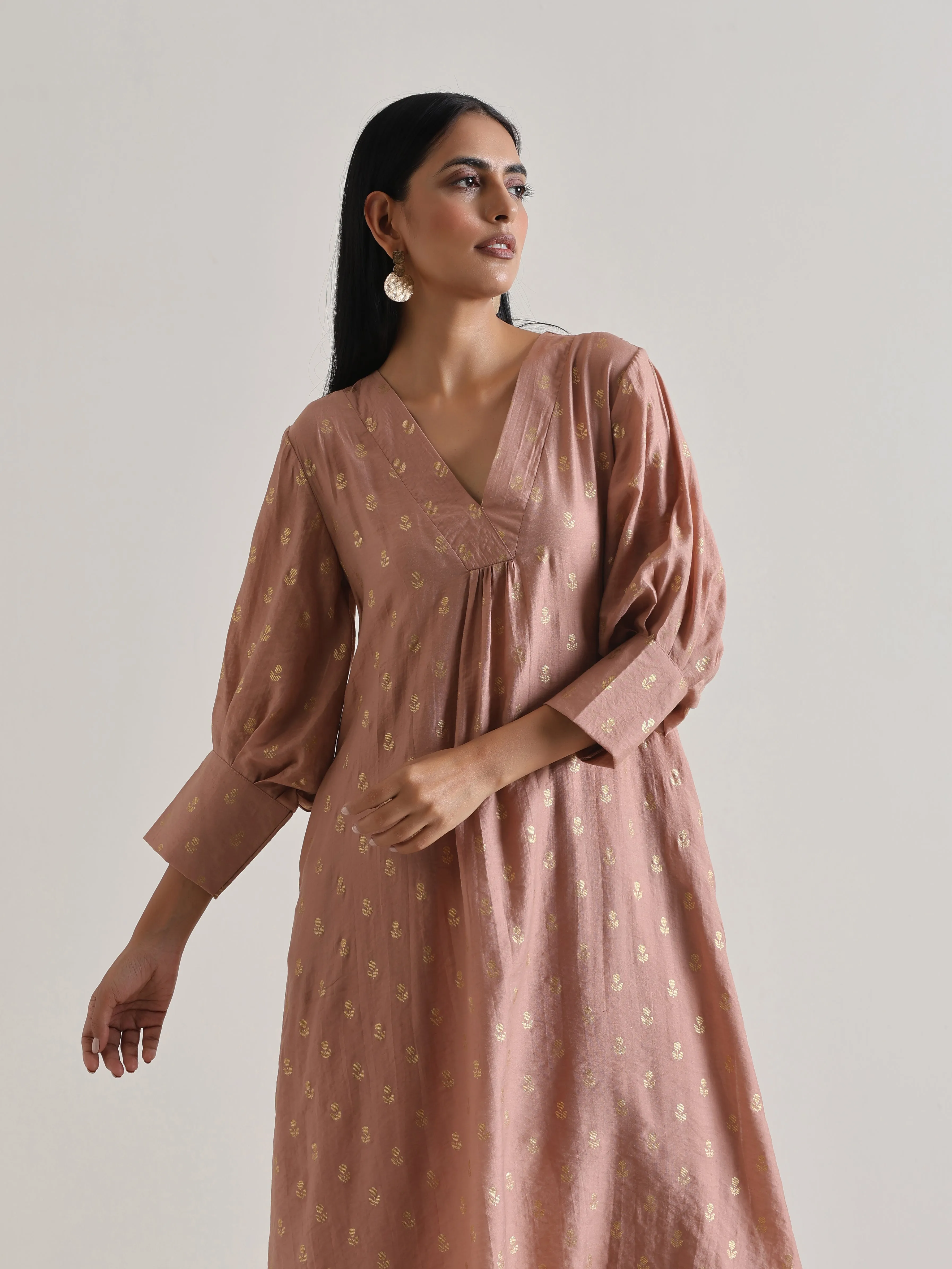 Beige Foil Puff Sleeve Kurta Set