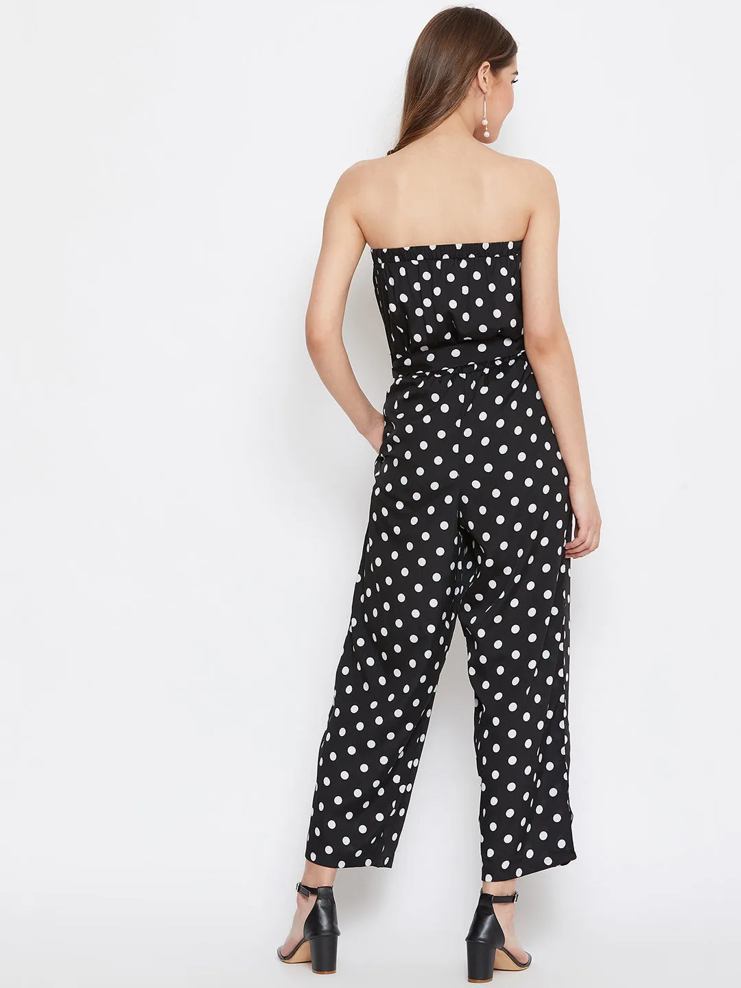 Berrylush Women Black Strapless Off-Shoulder Polka Dot Jumpsuit