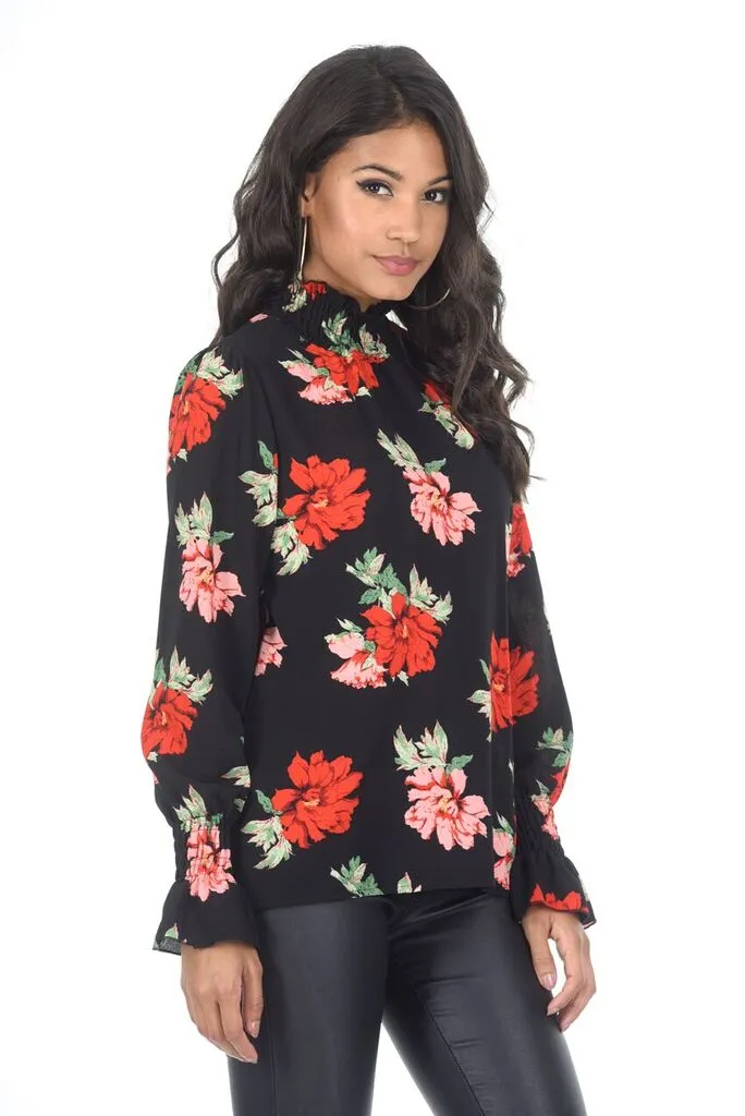 Black Floral Frill High Neck Top