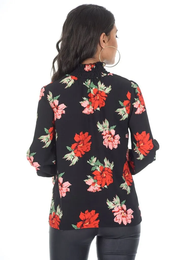 Black Floral Frill High Neck Top