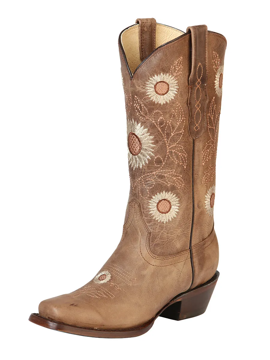 Botas Vaqueras Rodeo con Tubo Bordado de Girasoles de Piel Genuina para Mujer 'El General' - ID: 51230