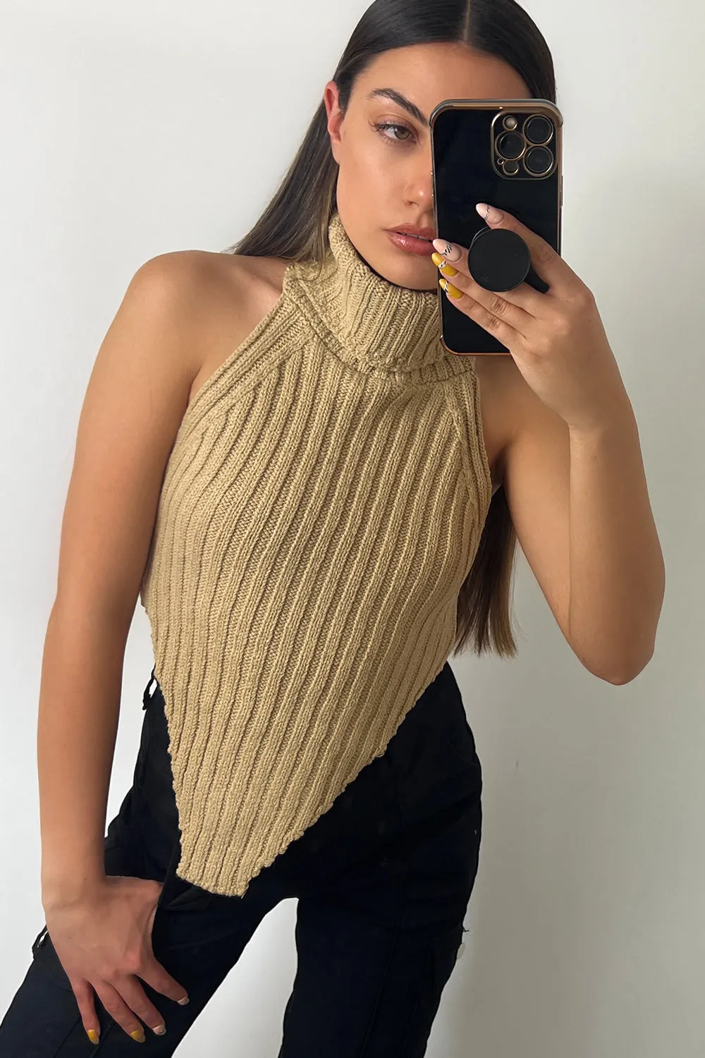 Caitlin Beige Roll Neck Distressed Hem Knit Crop Top