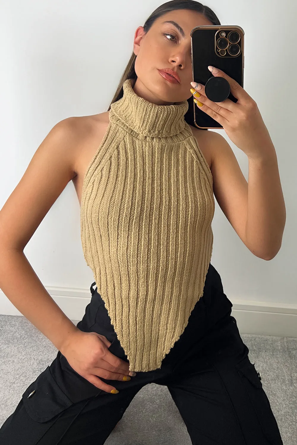 Caitlin Beige Roll Neck Distressed Hem Knit Crop Top