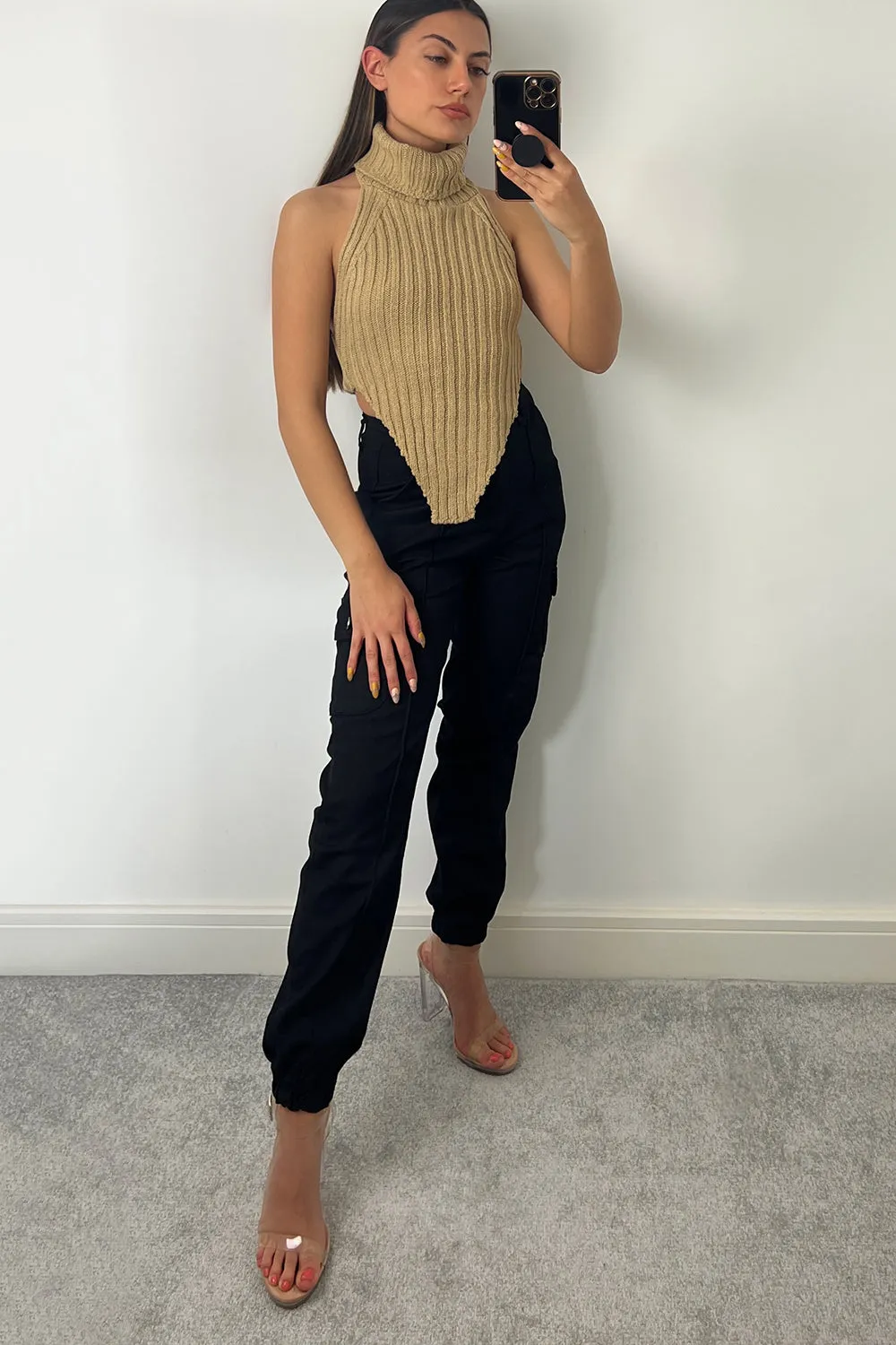 Caitlin Beige Roll Neck Distressed Hem Knit Crop Top