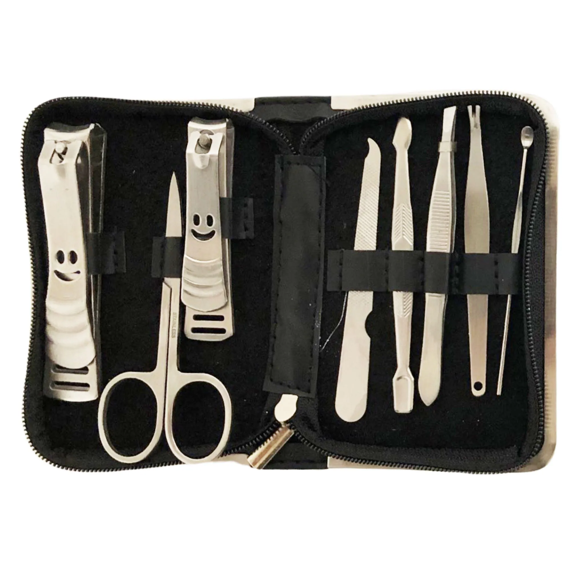 CLEARANCE BLACK MANICURE SET STAINLESS STEEL (CASE OF 24 - $2.50 / PIECE)  Wholesale 8 Piece Stainless Steel Manicure Set in Black SKU: 9598-LE-BLACK-24