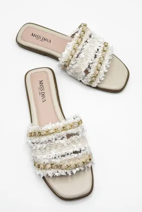 Eloise Tassel Chain Strap Sliders in Beige