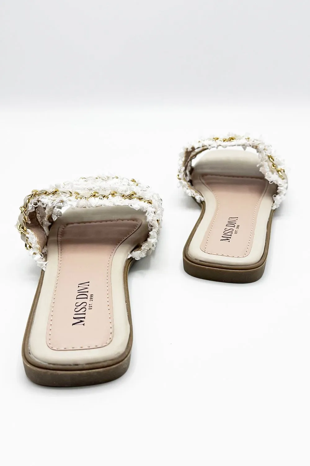 Eloise Tassel Chain Strap Sliders in Beige