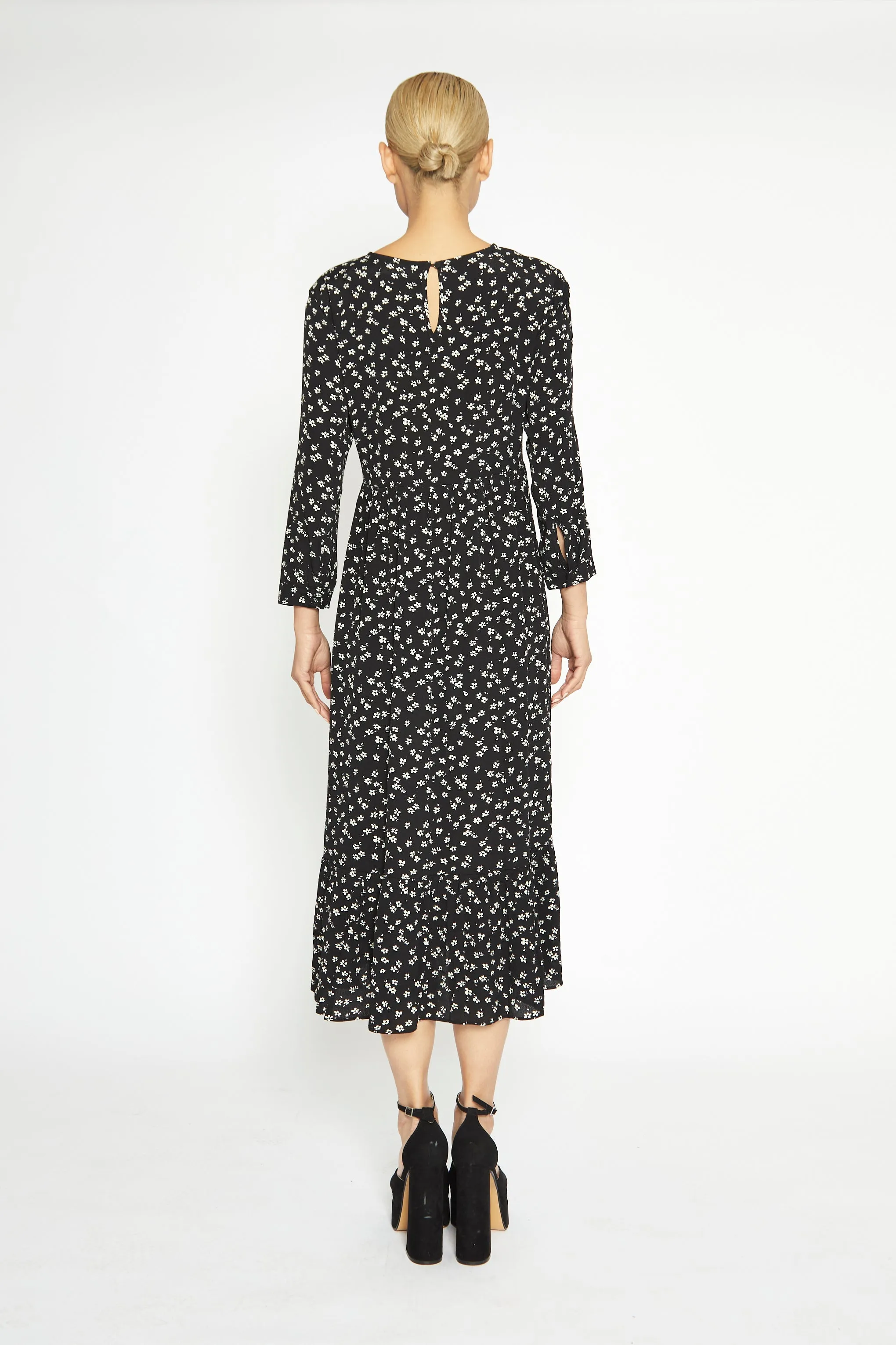 Glamorous Black Multi Rose Long Sleeve Midi Dress