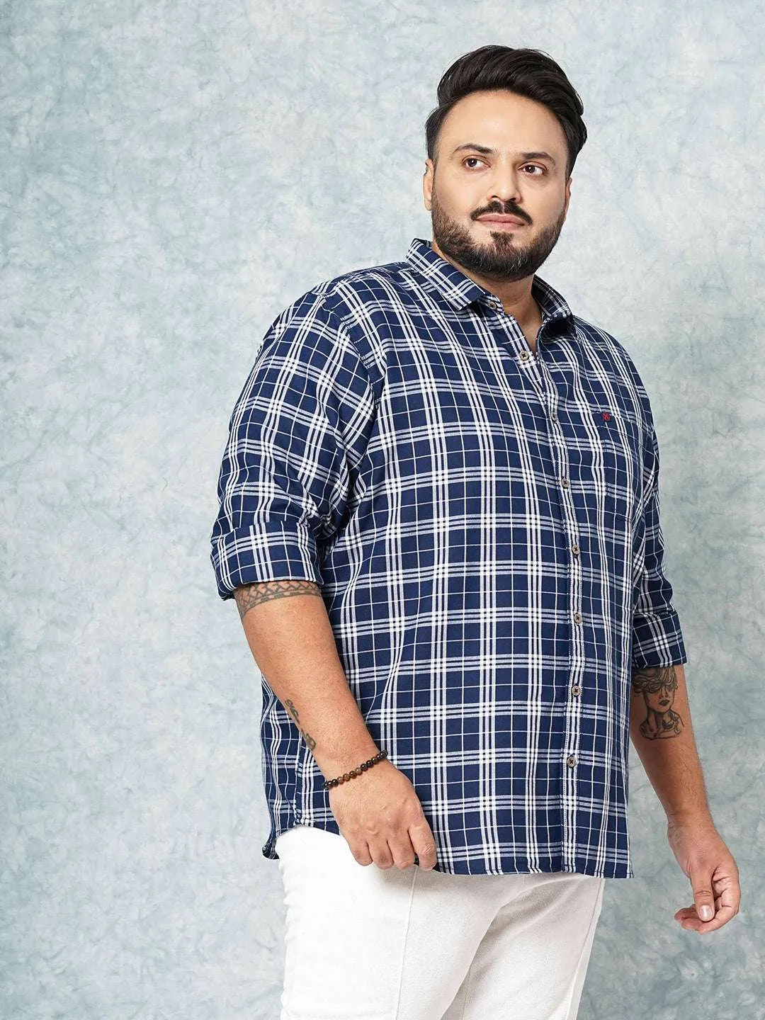 Hardsoda Men Navy Plus Size Checked Casual Shirt