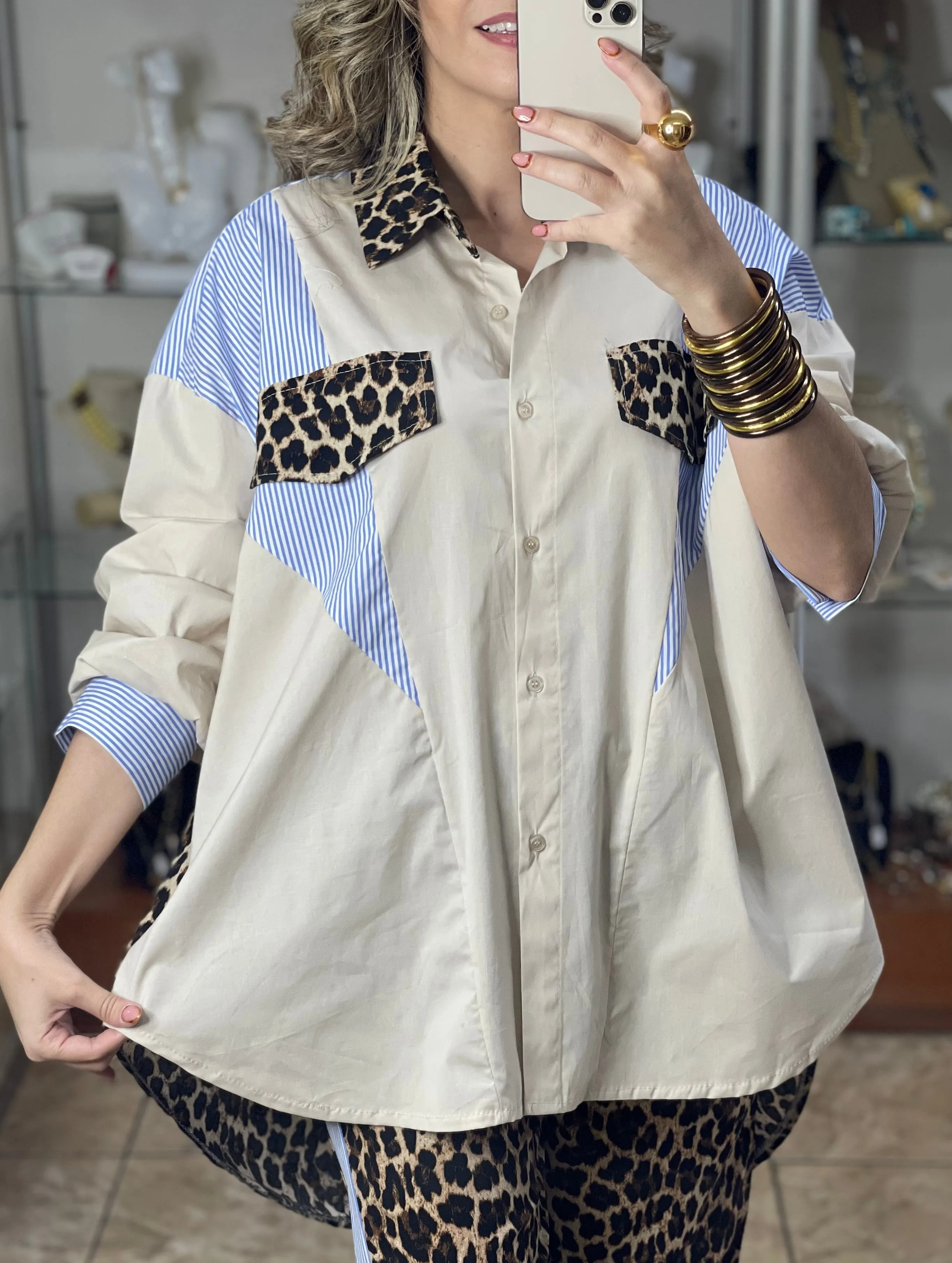 High Low Leopard Stripes Tunic Top