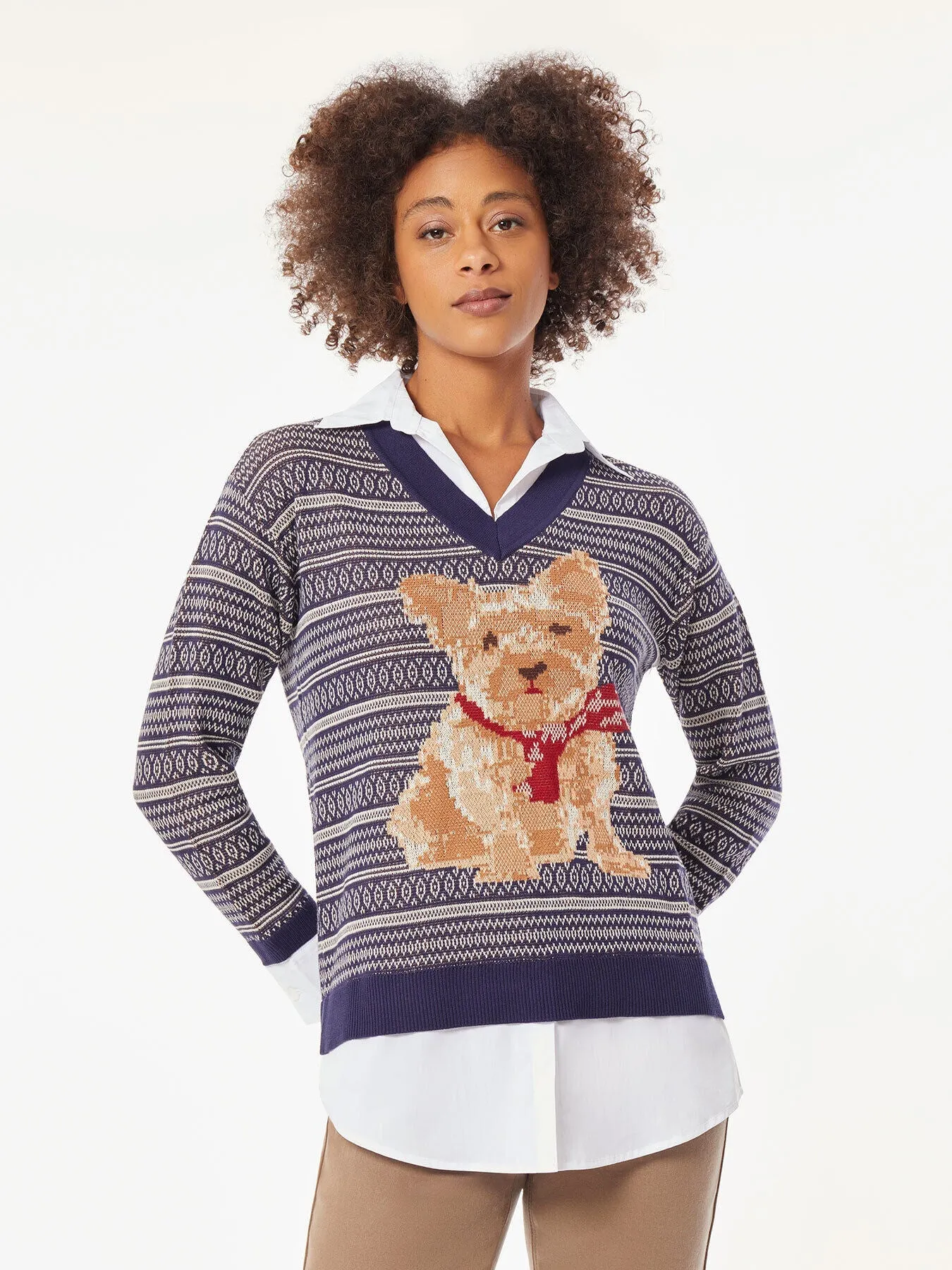 Holiday Dog V-Neck Sweater