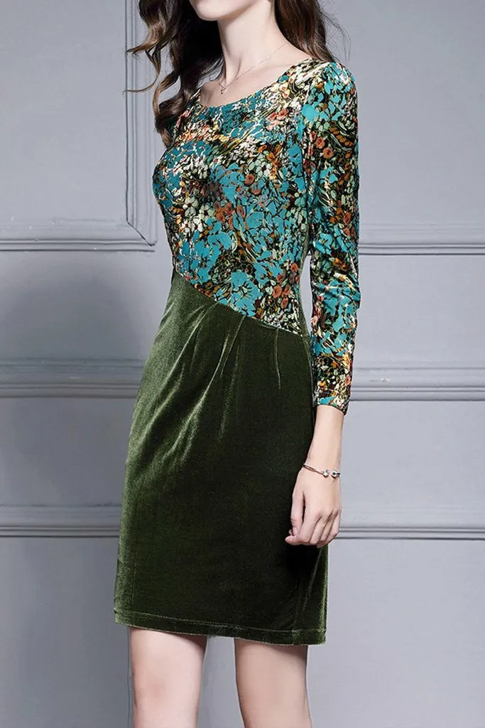 Long Sleeve Contrast Velvet Sheath Dress