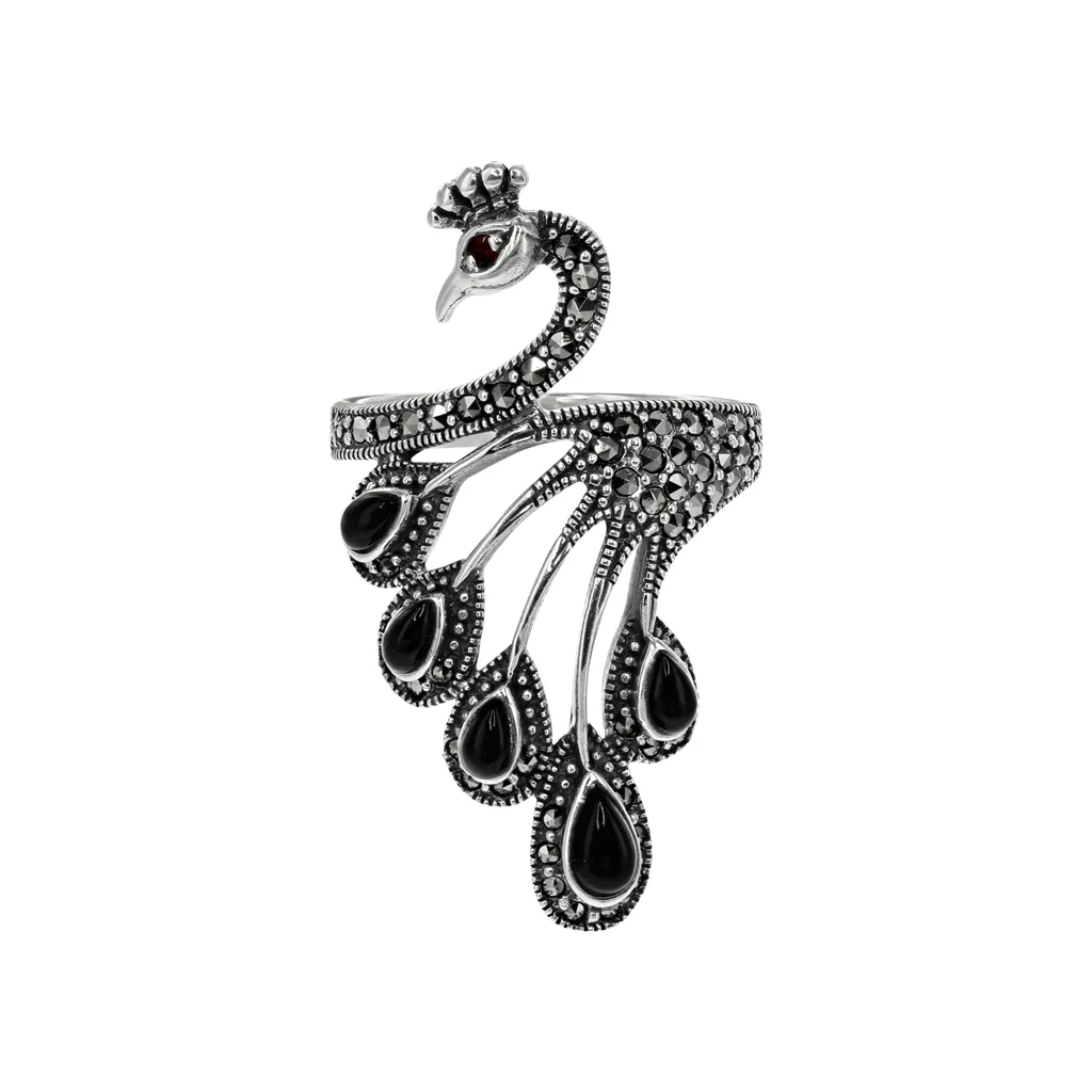 Marcasite Peacock Ring in Sterling Silver with Onyx and Garnet detail