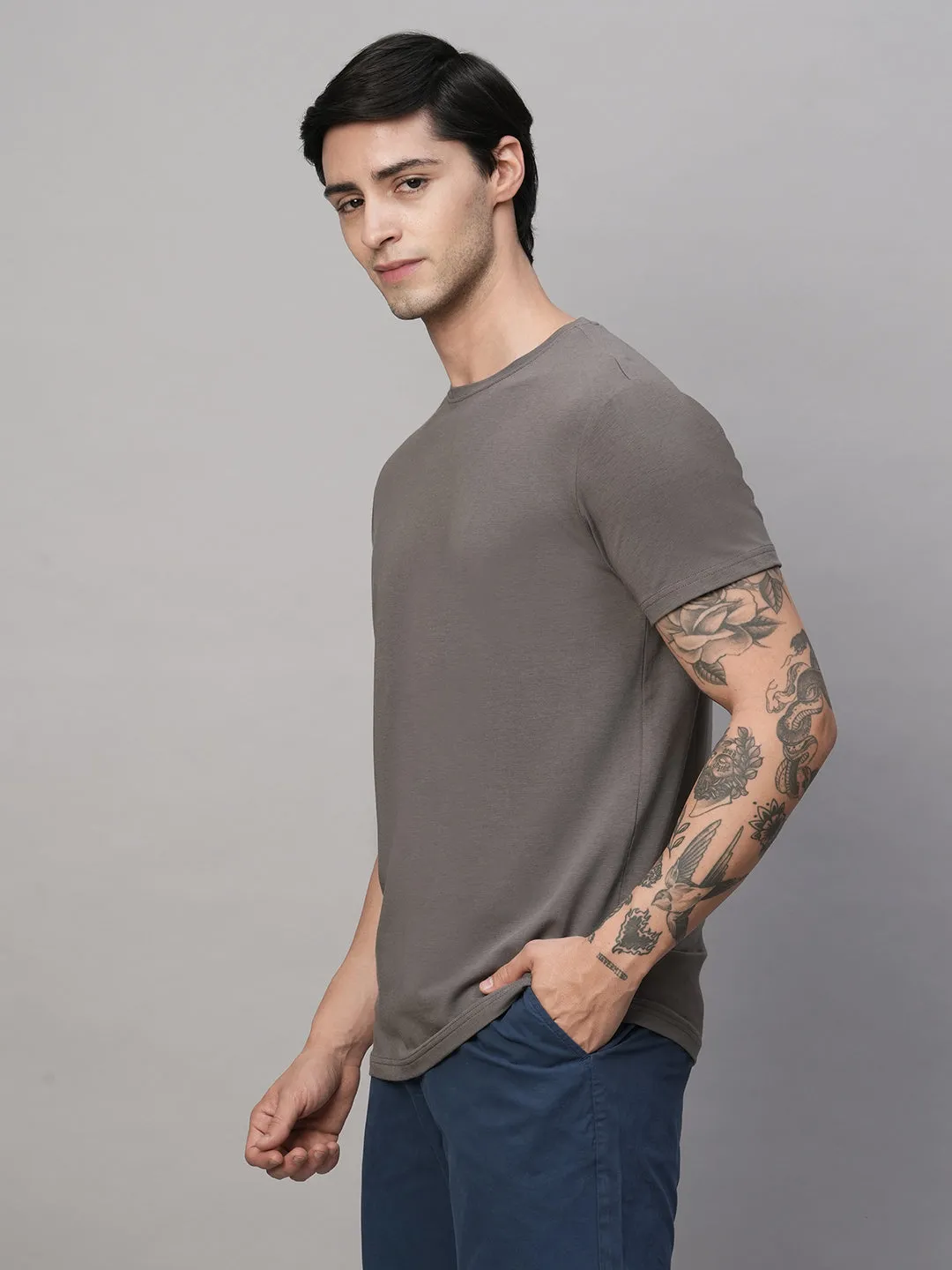 Men's Grey Cotton Bamboo Elastane Regular Fit Tshirt