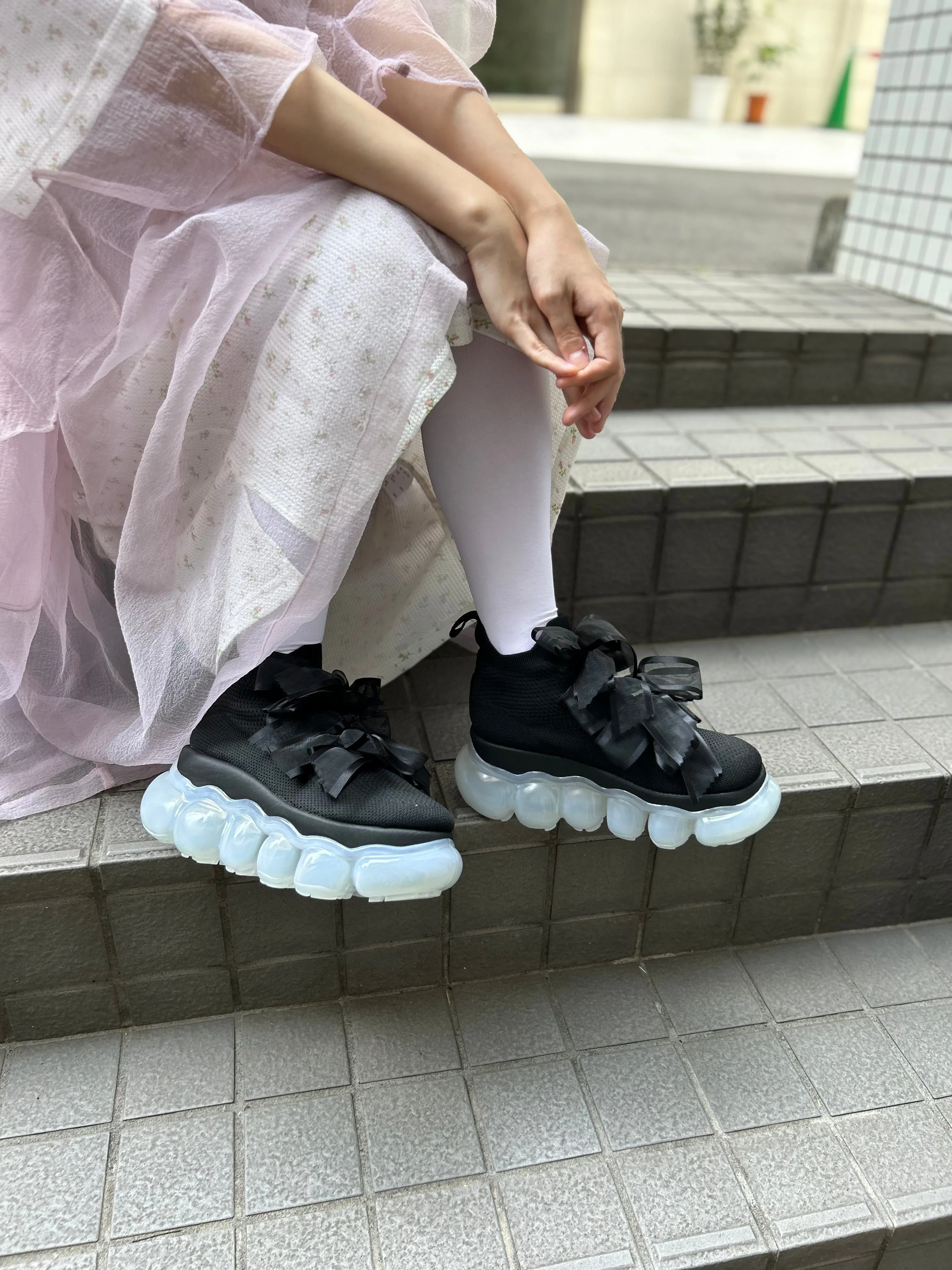 "Jewelry" High Ribbon Shoes / Gray Purple Black