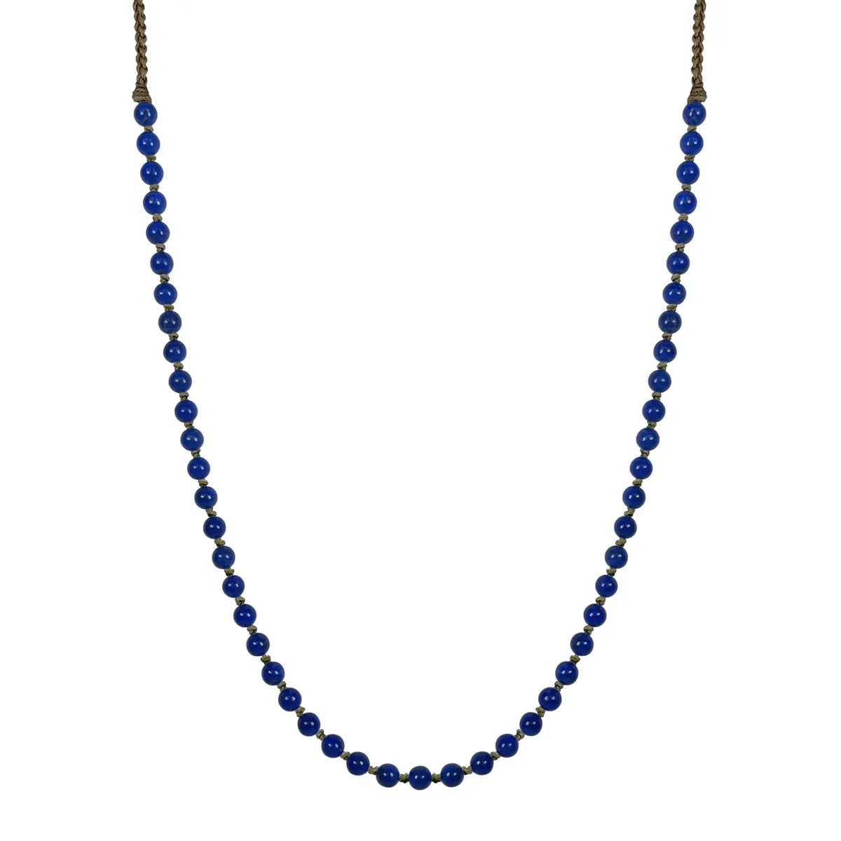 Sterling Silver Round Lapis Beaded Necklace on on Natural Cord