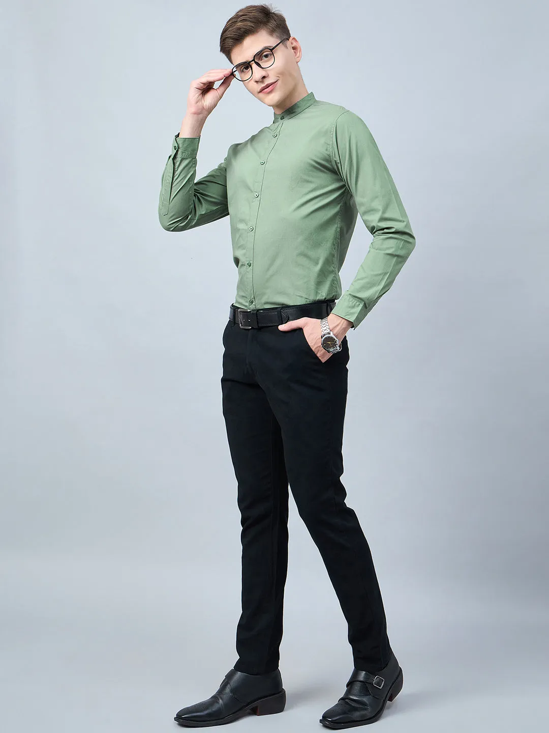 Style Quotient Men Green Cotton Solid Formal Shirt