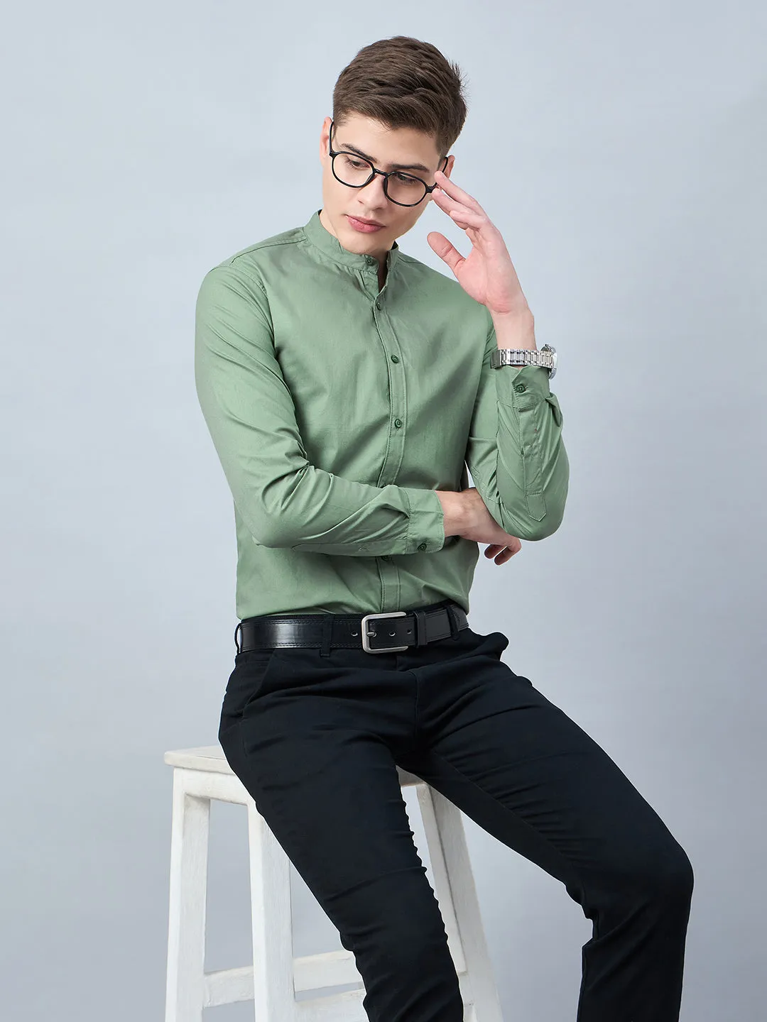 Style Quotient Men Green Cotton Solid Formal Shirt