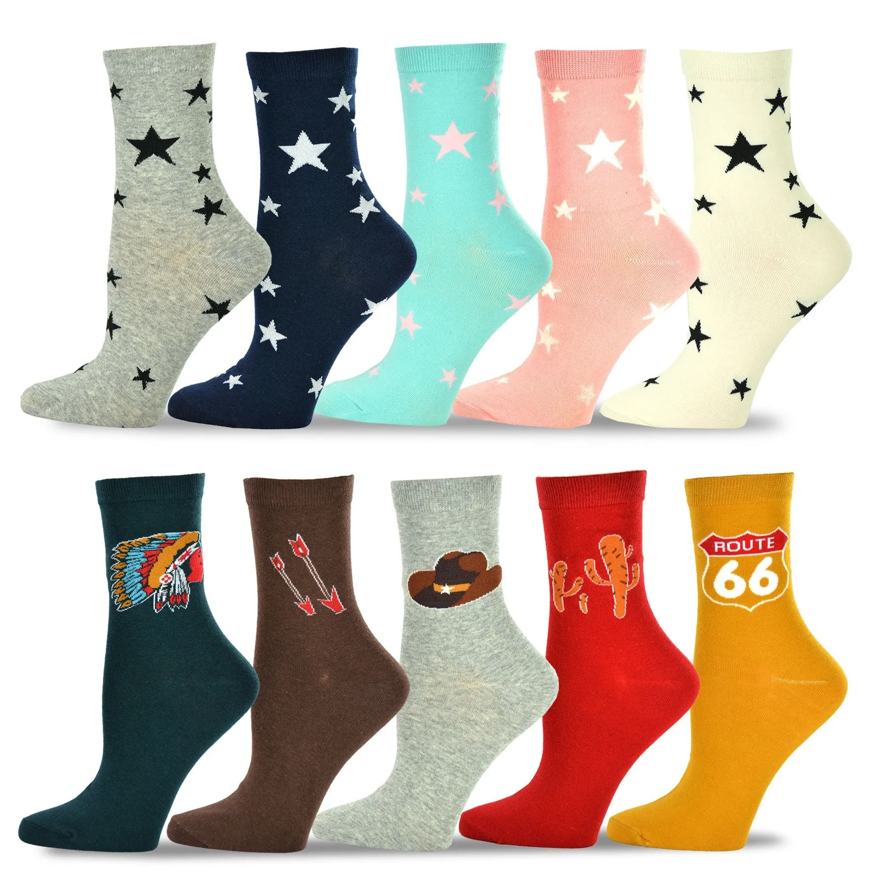 TeeHee Socks Women's Casual Cotton Crew Stars/Old America 10-Pack (119145)